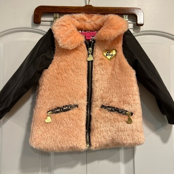 Betsey Johnson Fuzzy Sparkly Peach Coat with Faux Leather Sleeves - Picture 9 of 15